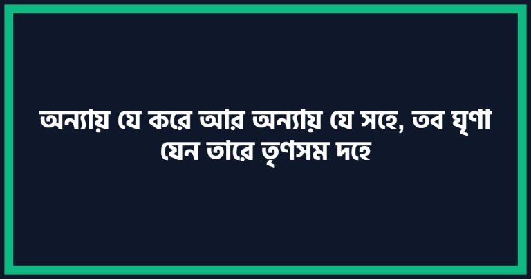 অন্যায় যে করে আর অন্যায় যে সহে, তব ঘৃণা যেন তারে তৃণসম দহে